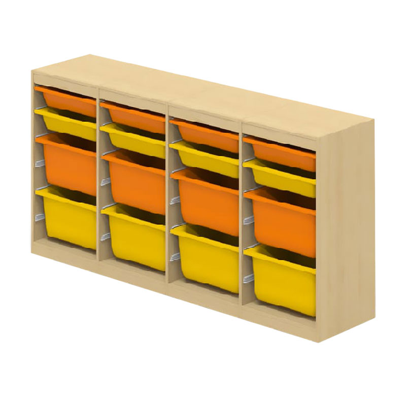 Cabinet cu 16 sertare culisante și cutii din polipropilenă mici și mari galben și portocaliu